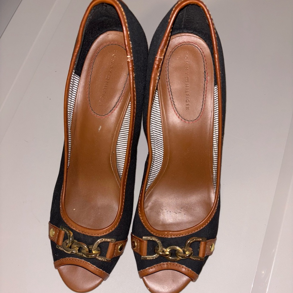 Tommy Hilfiger Black and Brown Peep Toe Heels with Chain Detail